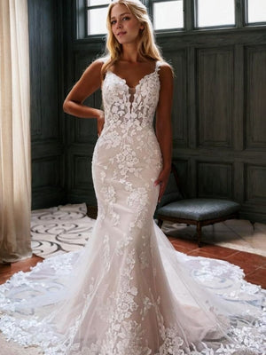 Mermaid V-neck Appliques Lace Cathedral Train Tulle Wedding Dress