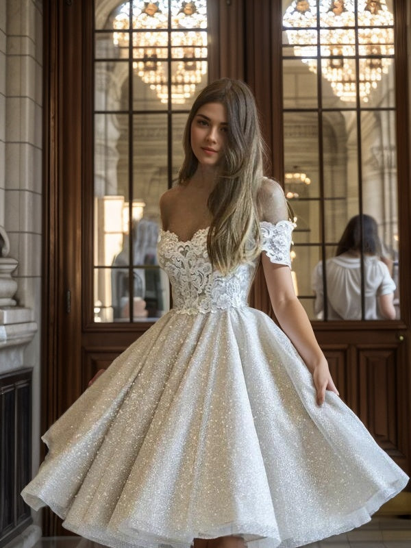 A-line Off-the-Shoulder Appliques Lace Knee-Length Wedding Dress