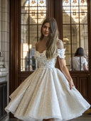 A-line Off-the-Shoulder Appliques Lace Knee-Length Wedding Dress