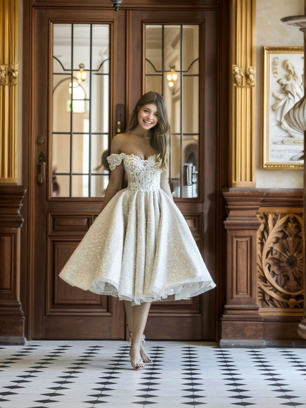 A-line Off-the-Shoulder Appliques Lace Knee-Length Wedding Dress