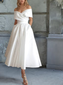 A-line Off-the-Shoulder Pleated Tea-Length Satin Wedding Dress