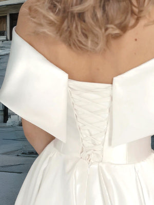 A-line Off-the-Shoulder Pleated Tea-Length Satin Wedding Dress