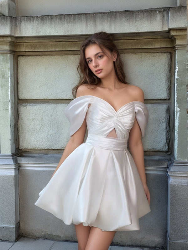 A-line Off-the-Shoulder Pleated Short/Mini Silk like Satin Wedding Dress