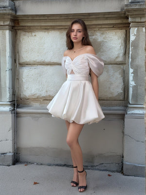 A-line Off-the-Shoulder Pleated Short/Mini Silk like Satin Wedding Dress