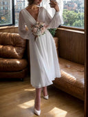 A-line V-neck Long Sleeves Pleated Tea-Length 30D Chiffon Wedding Dress