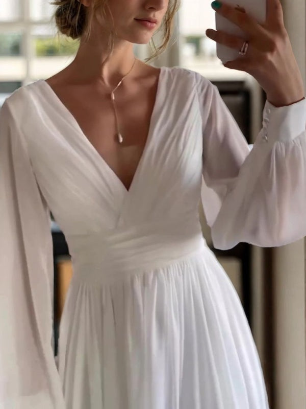 A-line V-neck Long Sleeves Pleated Tea-Length 30D Chiffon Wedding Dress