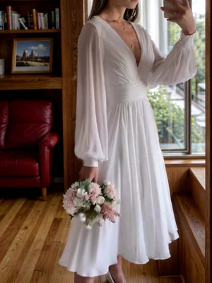 A-line V-neck Long Sleeves Pleated Tea-Length 30D Chiffon Wedding Dress