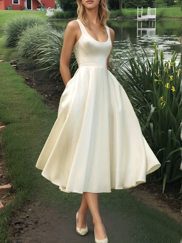 A-line Straps Tea-Length Satin Wedding Dress