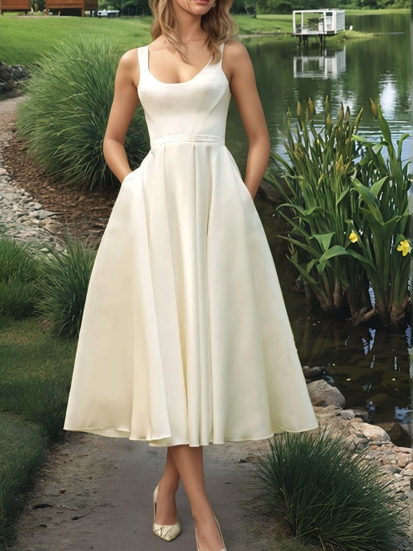 A-line Straps Tea-Length Satin Wedding Dress