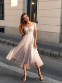 A-line Scoop Short Sleeves Appliques Lace Tea-Length Tulle Wedding Dress