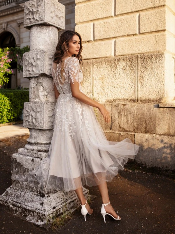 A-line Scoop Short Sleeves Appliques Lace Tea-Length Tulle Wedding Dress