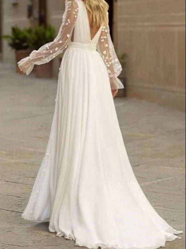 A-line V-neck Long Sleeves Ruffles Sweep Train Chiffon Corset Wedding Dress