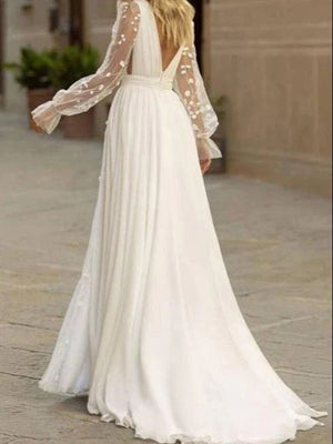 A-line V-neck Long Sleeves Ruffles Sweep Train Chiffon Corset Wedding Dress