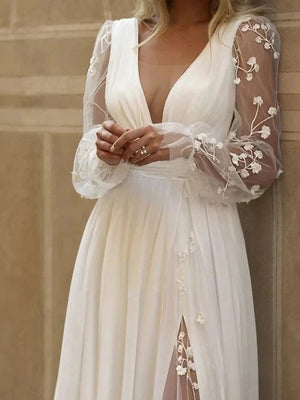 A-line V-neck Long Sleeves Ruffles Sweep Train Chiffon Corset Wedding Dress