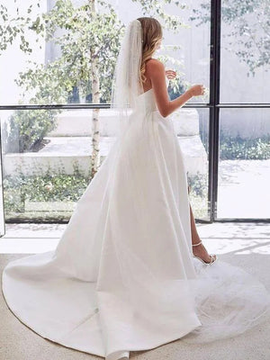 A-line Sweetheart Ruffles Chapel Train Satin Corset Wedding Dress