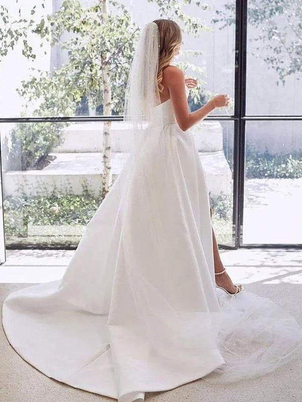 A-line Sweetheart Ruffles Chapel Train Satin Corset Wedding Dress