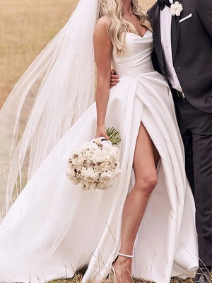 A-line Sweetheart Ruffles Chapel Train Satin Corset Wedding Dress