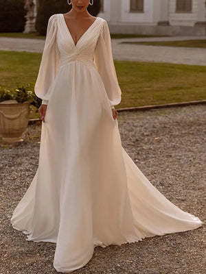 A-line V-neck Long Sleeves Pleated Sweep Train Chiffon Corset Wedding Dress