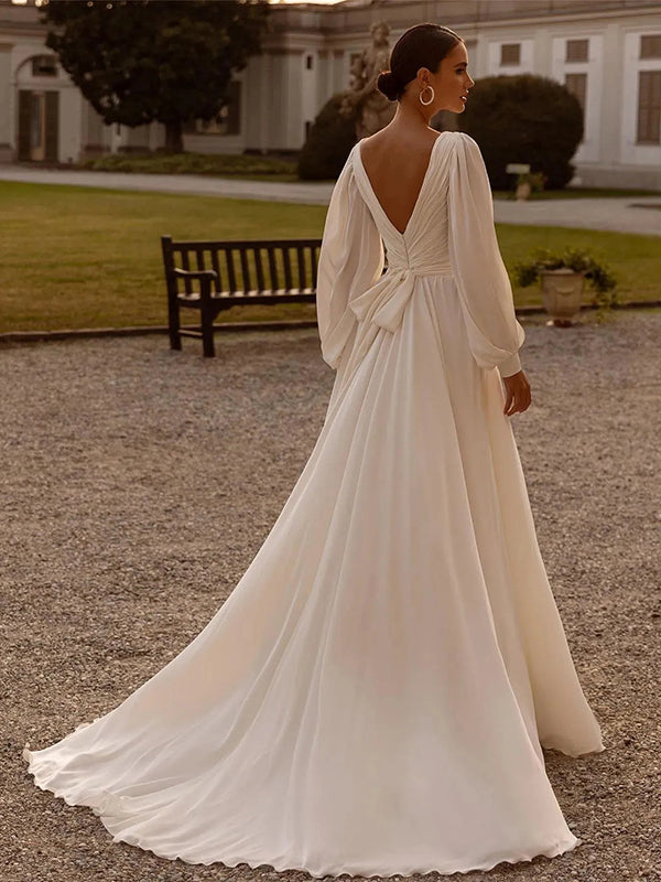 A-line V-neck Long Sleeves Pleated Sweep Train Chiffon Corset Wedding Dress