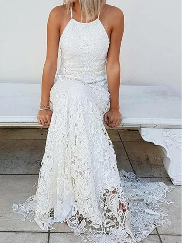 Sheath Halter Appliques Lace Sweep Train Lace Wedding Dress