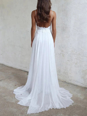 A-line Spaghetti Straps Ruffles Sweep Train 30D Chiffon Corset Wedding Dress