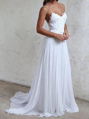 A-line Spaghetti Straps Ruffles Sweep Train 30D Chiffon Corset Wedding Dress