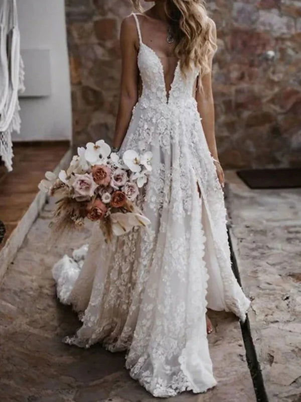 A-line V-neck Appliques Lace Court Train Lace Corset Wedding Dress