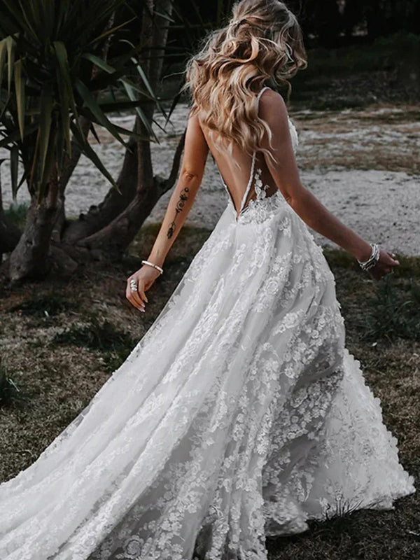A-line V-neck Appliques Lace Court Train Lace Corset Wedding Dress