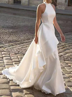 A-line Cold Shoulder Pleated Chapel Train Silk like Satin Wedding Dress