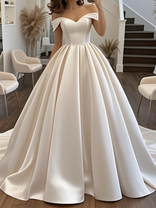 Ball-Gown Off-the-Shoulder Pleated Chapel Train Satin Corset Wedding Dress