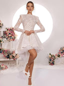A-line High Neck Long Sleeves Short/Mini Lace Wedding Dress