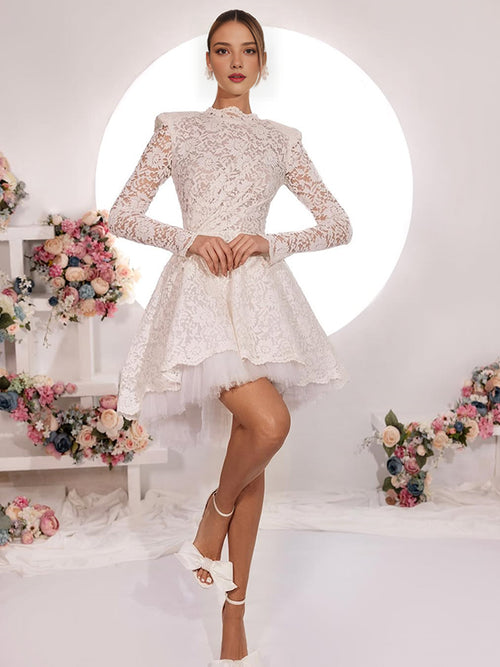 A-line High Neck Long Sleeves Short/Mini Lace Wedding Dress