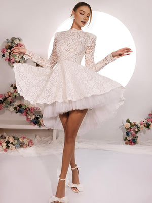 A-line High Neck Long Sleeves Short/Mini Lace Wedding Dress