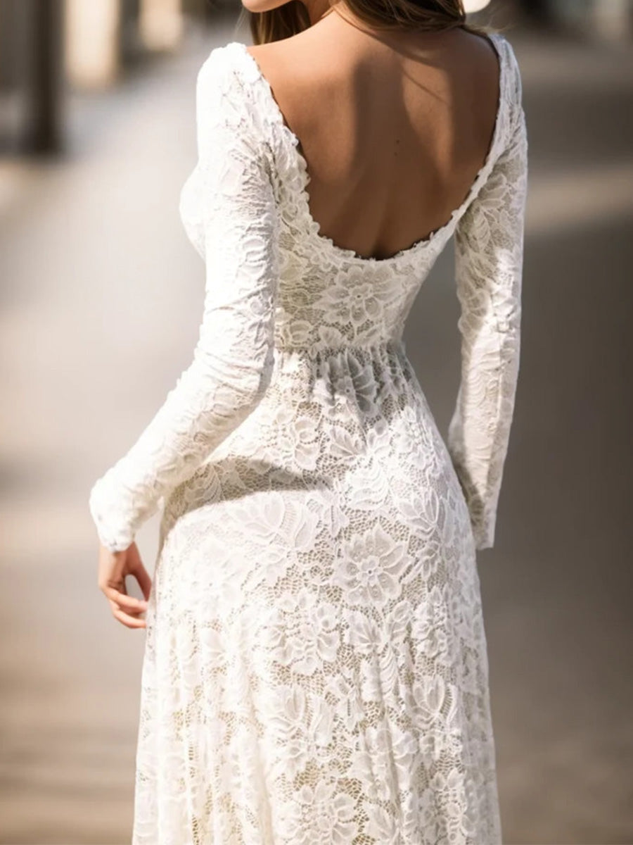 A-line Bateau Long Sleeves Sweep Train Lace Wedding Dress