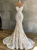 Mermaid Spaghetti Straps Appliques Lace Sweep Train Lace Corset Wedding Dress