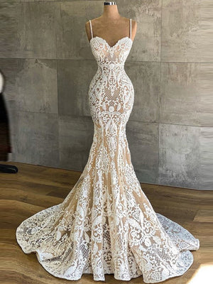 Mermaid Spaghetti Straps Appliques Lace Sweep Train Lace Corset Wedding Dress
