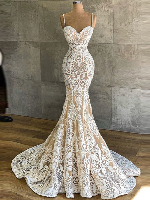 Mermaid Spaghetti Straps Appliques Lace Sweep Train Lace Corset Wedding Dress