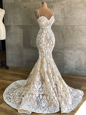 Mermaid Spaghetti Straps Appliques Lace Sweep Train Lace Corset Wedding Dress