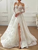 A-line Sweetheart Long Sleeves Court Train Lace Corset Wedding Dress