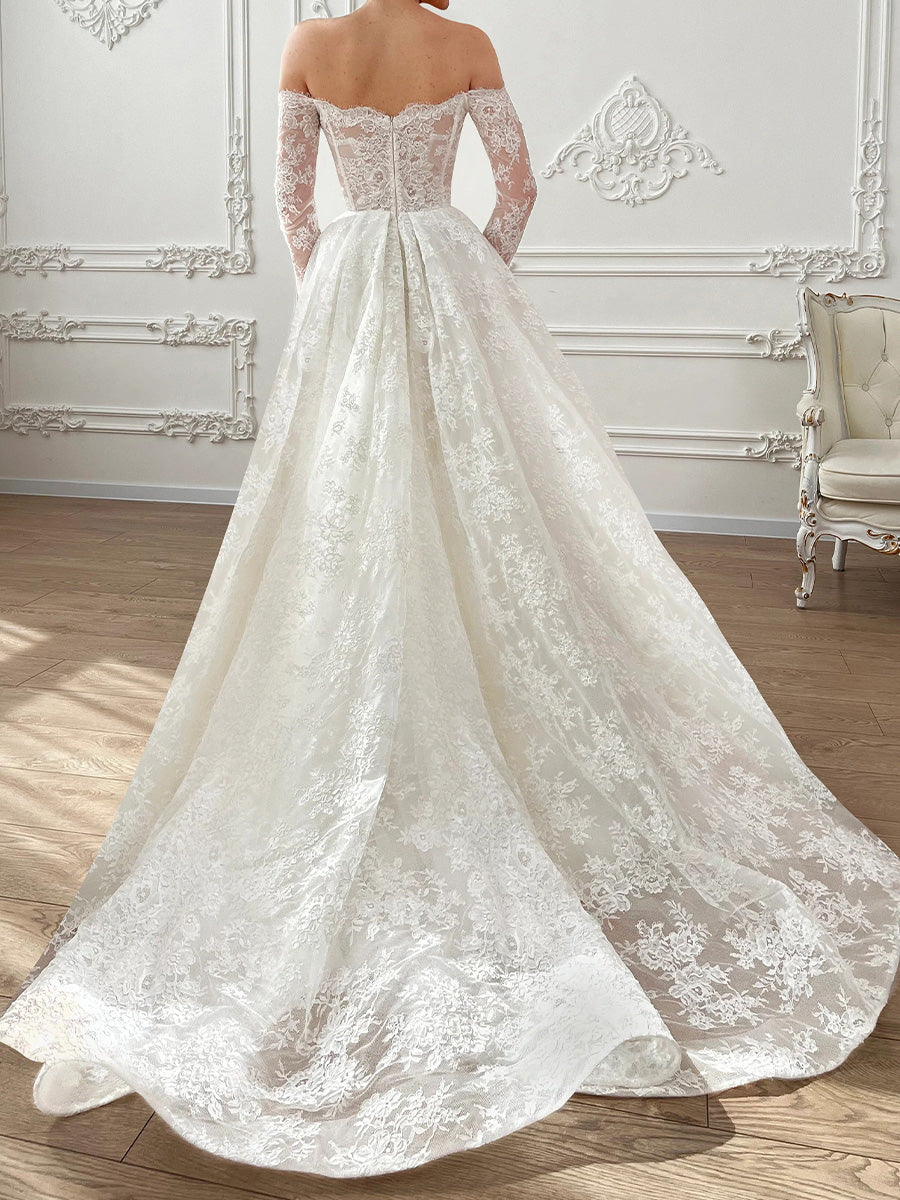 A-line Sweetheart Long Sleeves Court Train Lace Corset Wedding Dress