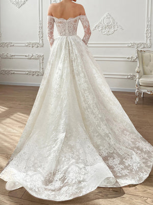 A-line Sweetheart Long Sleeves Court Train Lace Corset Wedding Dress
