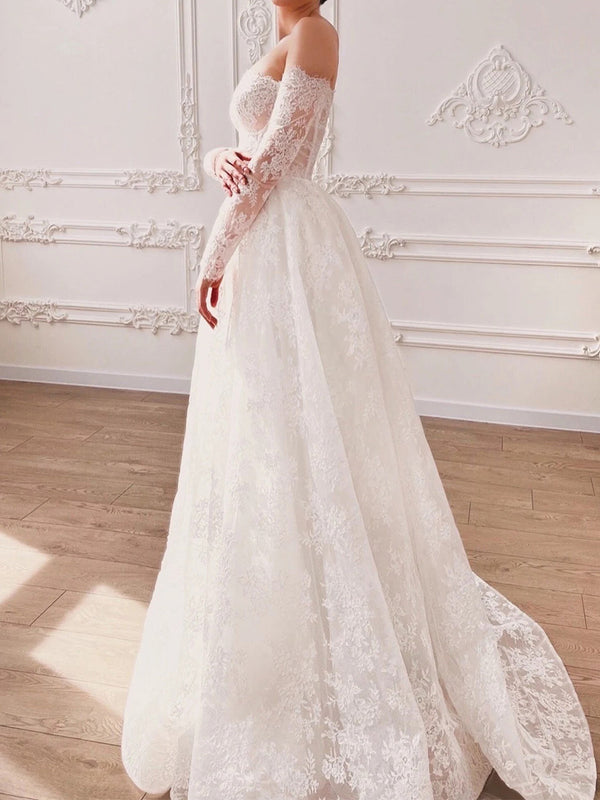 A-line Sweetheart Long Sleeves Court Train Lace Corset Wedding Dress
