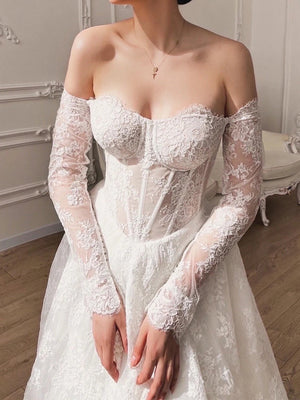 A-line Sweetheart Long Sleeves Court Train Lace Corset Wedding Dress