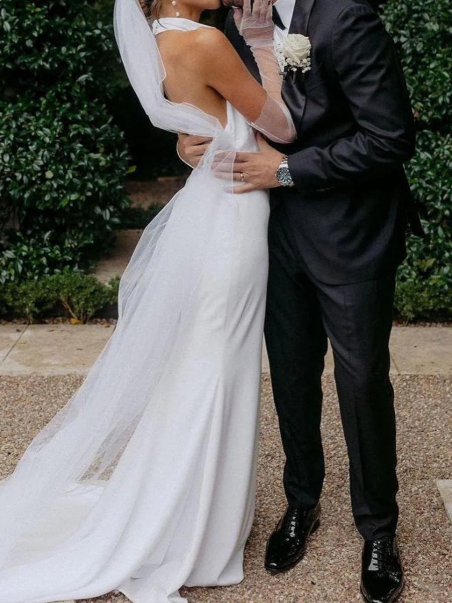 Sheath Halter Court Train Satin Chiffon Wedding Dress