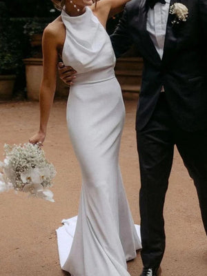Sheath Halter Court Train Satin Chiffon Wedding Dress