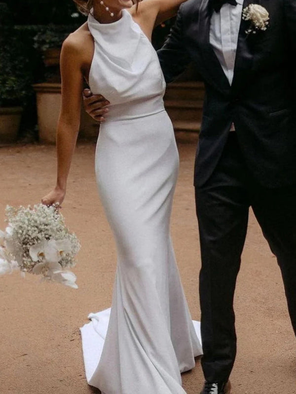 Sheath Halter Court Train Satin Chiffon Wedding Dress