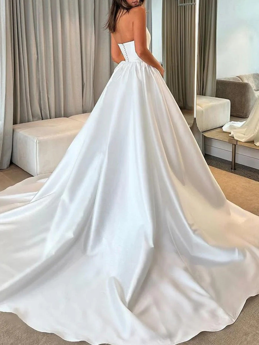 A-line Straight Court Train Satin Corset Wedding Dress