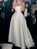 A-line Straight Pleated Chapel Train Satin Corset Wedding Dress