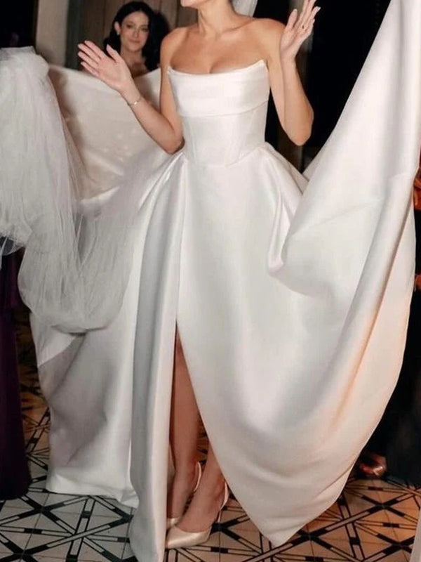 A-line Straight Pleated Chapel Train Satin Corset Wedding Dress