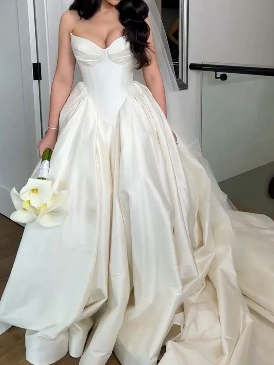 A-line Sweetheart Pleated Cathedral Train Satin Corset Wedding Dress